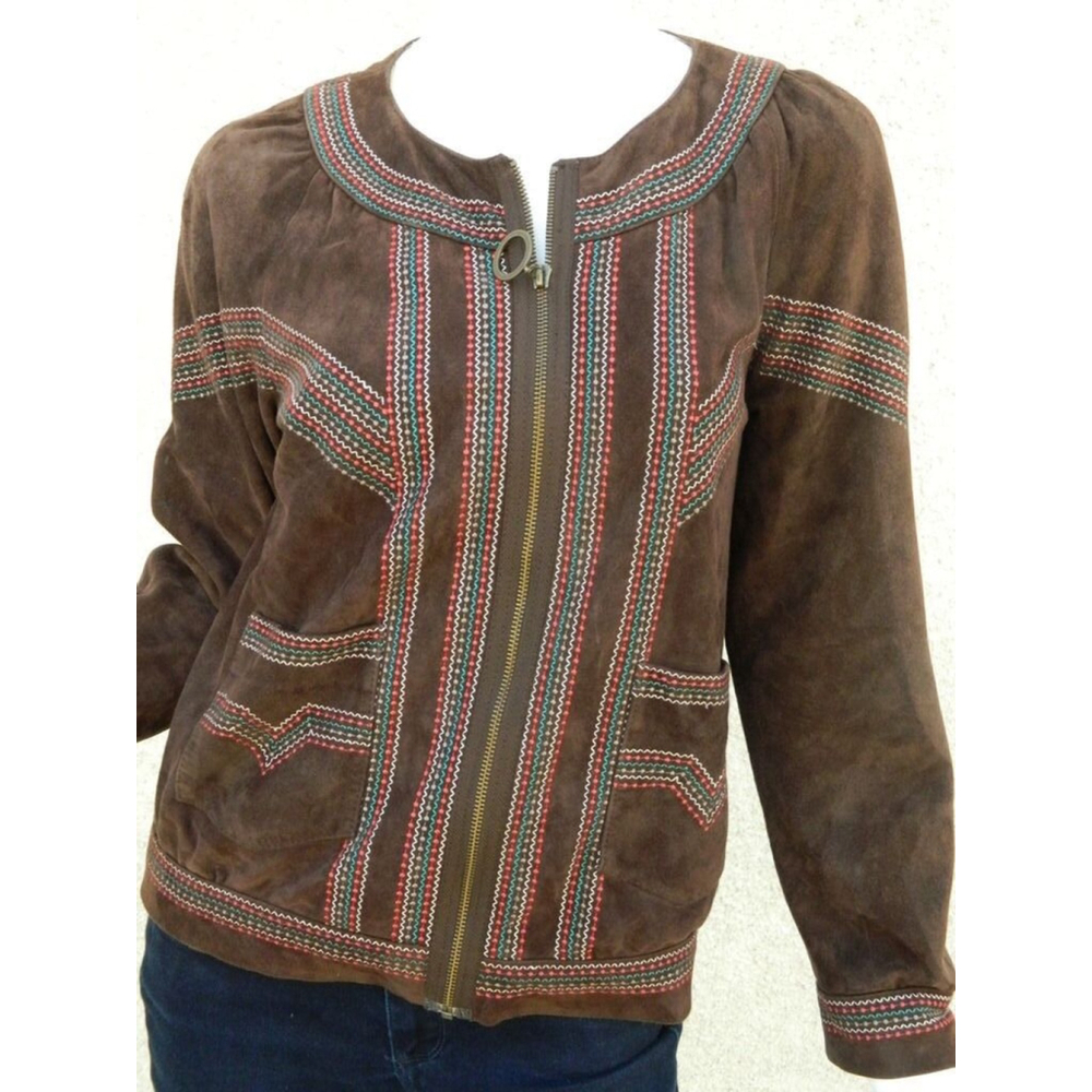 Vintage CACHAREL‎ Jacket Size Medium Brown Suede Embroidered Boho Chic Festival